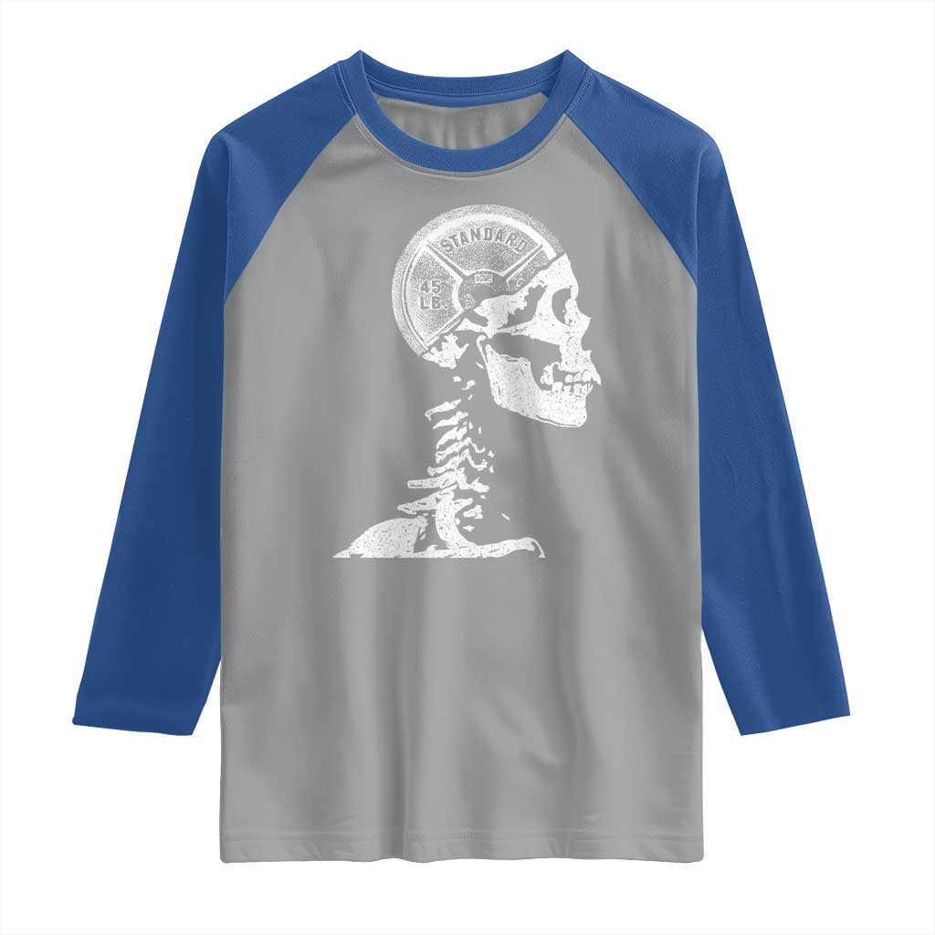 Funny Skeleton 45 lbs Plate Weight Lifting Gym Working Out Raglan Shirt - Wonder Print Shop