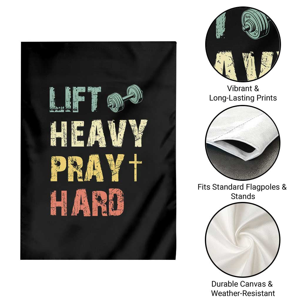Lift Heavy Pray Hard Garden Flag Christian Workout Jesus Gym Lifting Retro Cross - Wonder Print Shop
