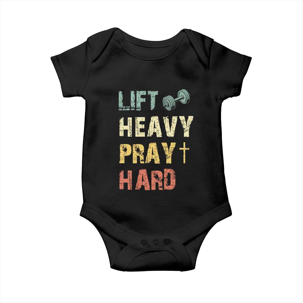 Lift Heavy Pray Hard Baby Onesie Christian Workout Jesus Gym Lifting Retro Cross - Wonder Print Shop