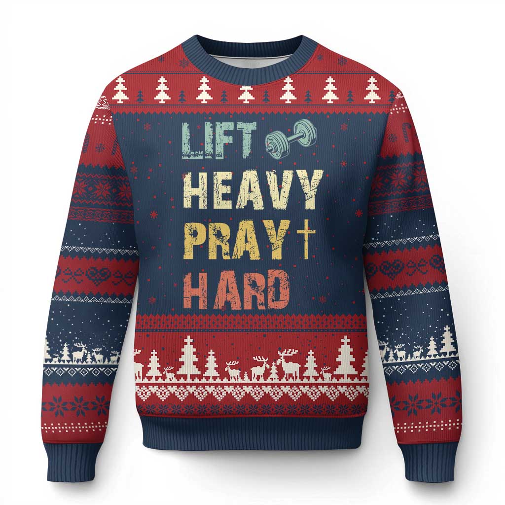 Lift Heavy Pray Hard Ugly Christmas Sweater Christian Workout Jesus Gym Lifting Retro Cross - Wonder Print Shop
