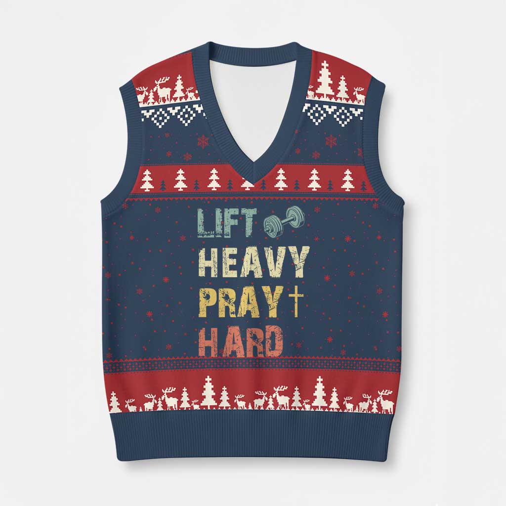Lift Heavy Pray Hard V-Neck Knit Sweater Vest Christian Workout Jesus Gym Lifting Retro Cross - Wonder Print Shop