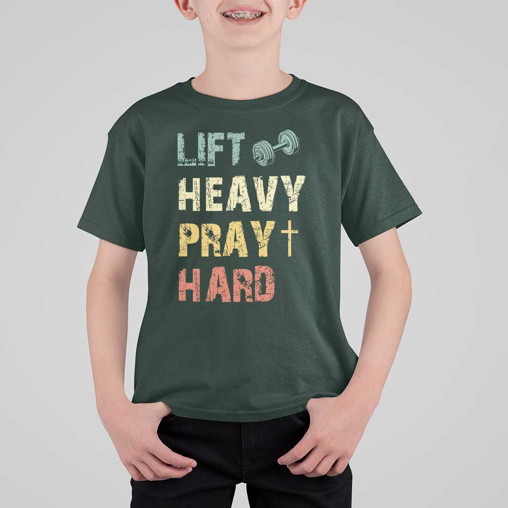 Lift Heavy Pray Hard T Shirt For Kid Christian Workout Jesus Gym Lifting Retro Cross - Wonder Print Shop