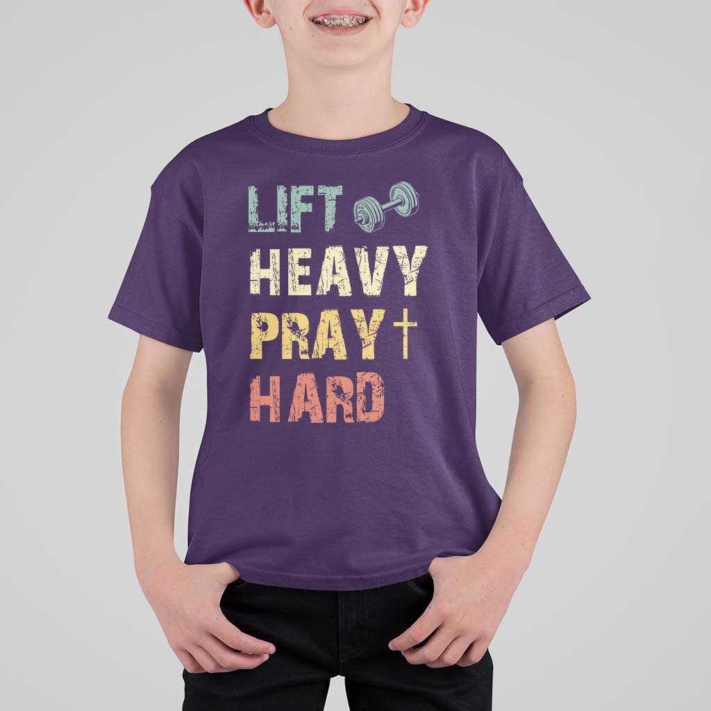 Lift Heavy Pray Hard T Shirt For Kid Christian Workout Jesus Gym Lifting Retro Cross - Wonder Print Shop