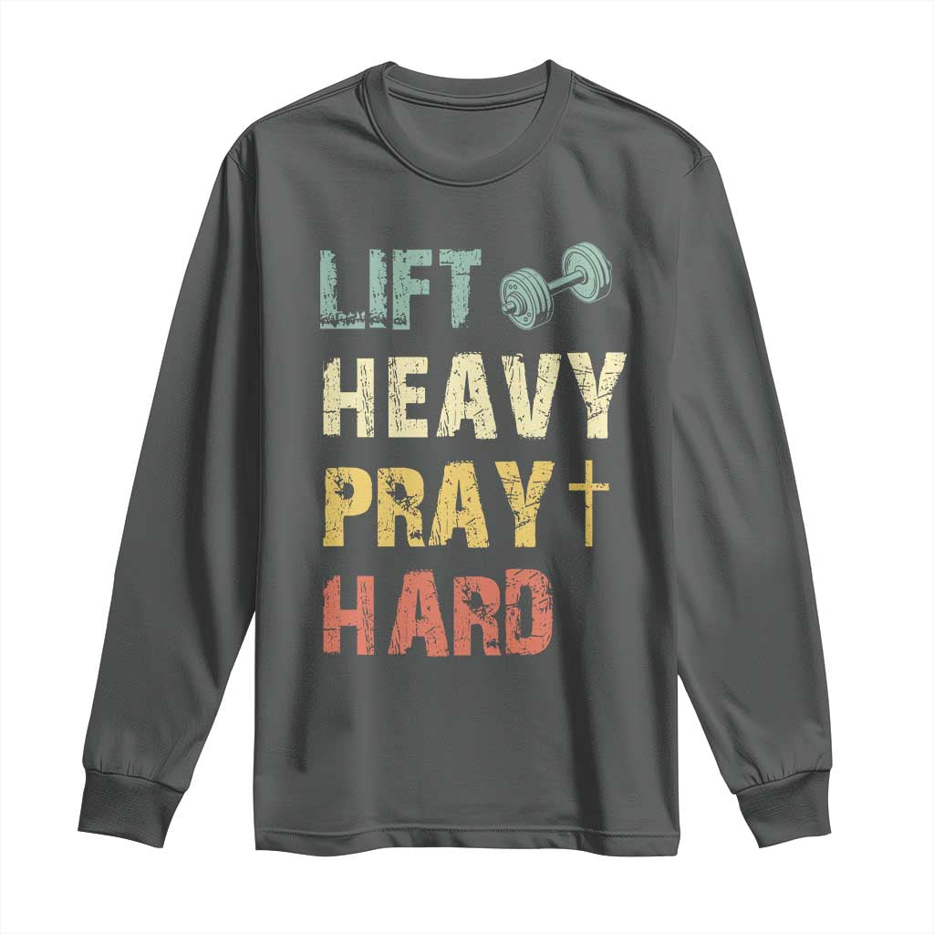 Lift Heavy Pray Hard Long Sleeve Shirt Christian Workout Jesus Gym Lifting Retro Cross - Wonder Print Shop