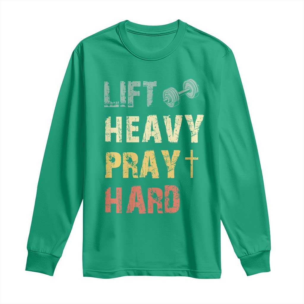 Lift Heavy Pray Hard Long Sleeve Shirt Christian Workout Jesus Gym Lifting Retro Cross - Wonder Print Shop