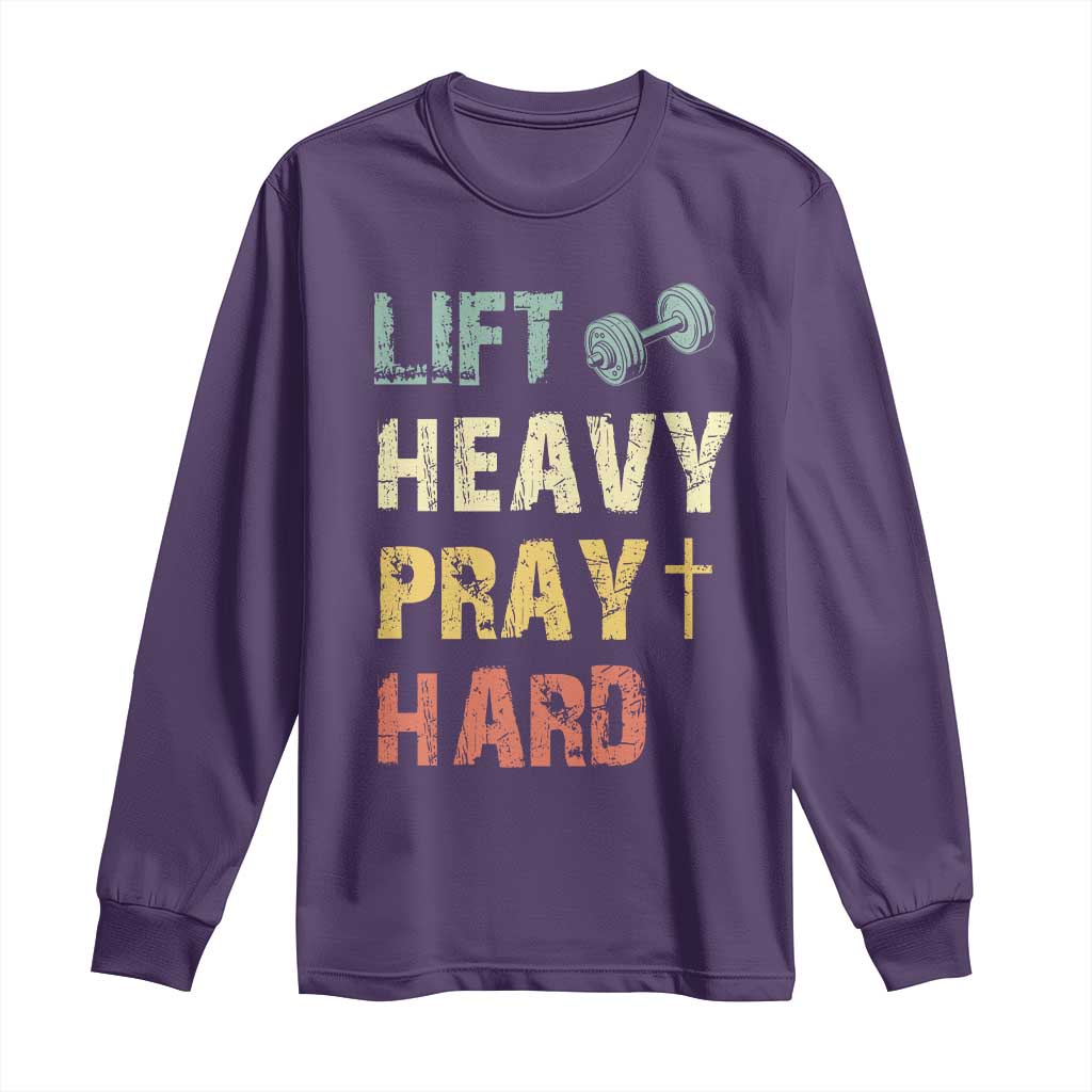 Lift Heavy Pray Hard Long Sleeve Shirt Christian Workout Jesus Gym Lifting Retro Cross - Wonder Print Shop