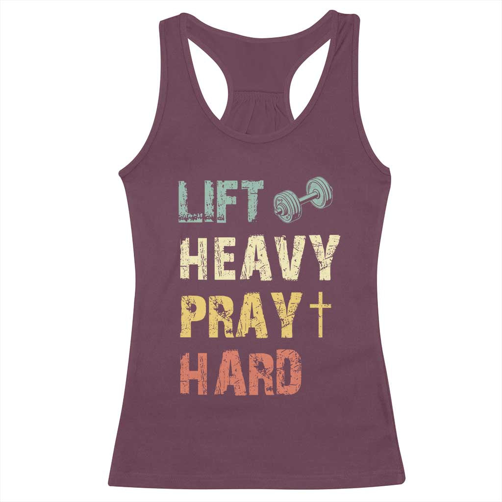 Lift Heavy Pray Hard Racerback Tank Top Christian Workout Jesus Gym Lifting Retro Cross - Wonder Print Shop