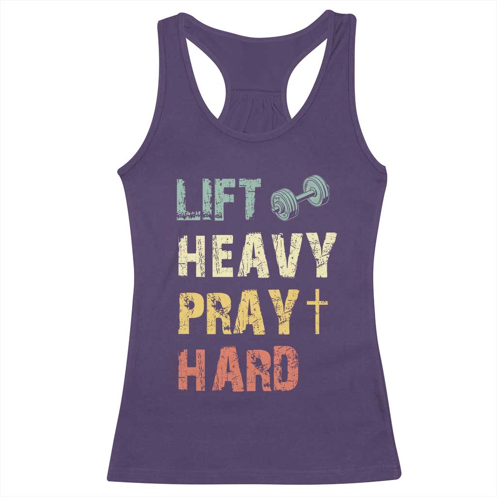 Lift Heavy Pray Hard Racerback Tank Top Christian Workout Jesus Gym Lifting Retro Cross - Wonder Print Shop