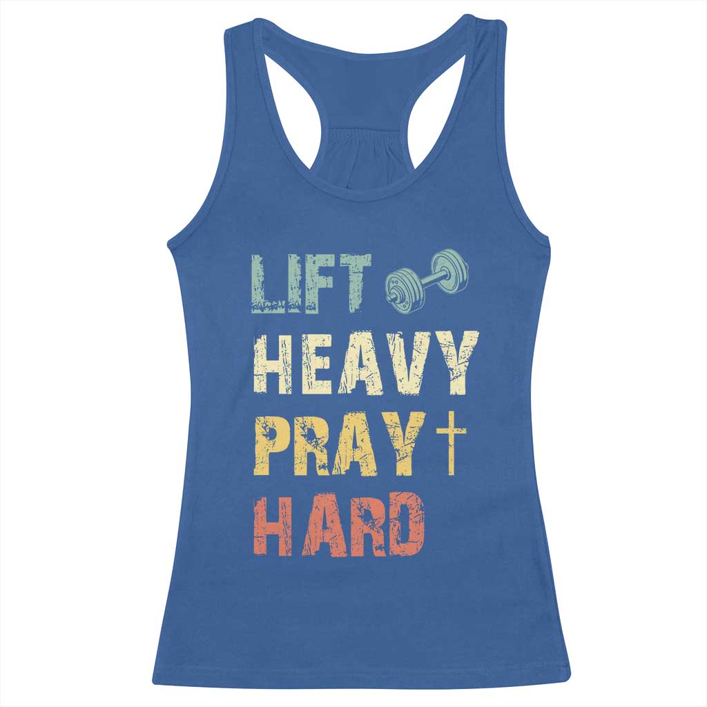 Lift Heavy Pray Hard Racerback Tank Top Christian Workout Jesus Gym Lifting Retro Cross - Wonder Print Shop
