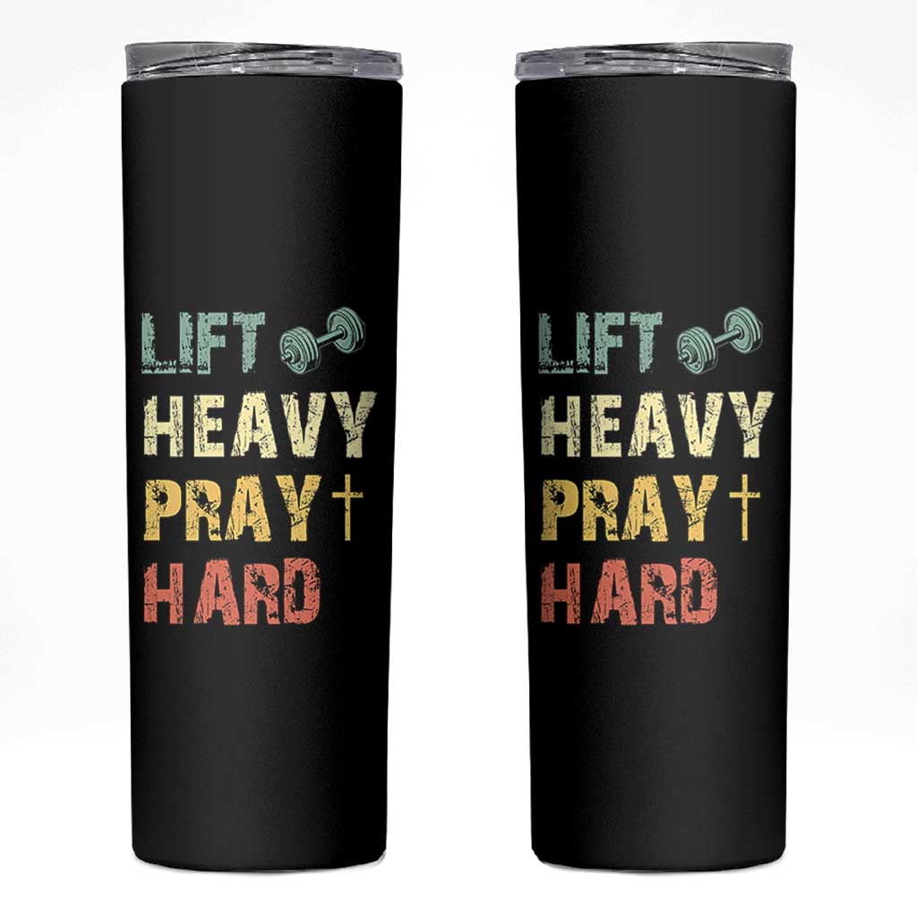Lift Heavy Pray Hard Skinny Tumbler Christian Workout Jesus Gym Lifting Retro Cross - Wonder Print Shop
