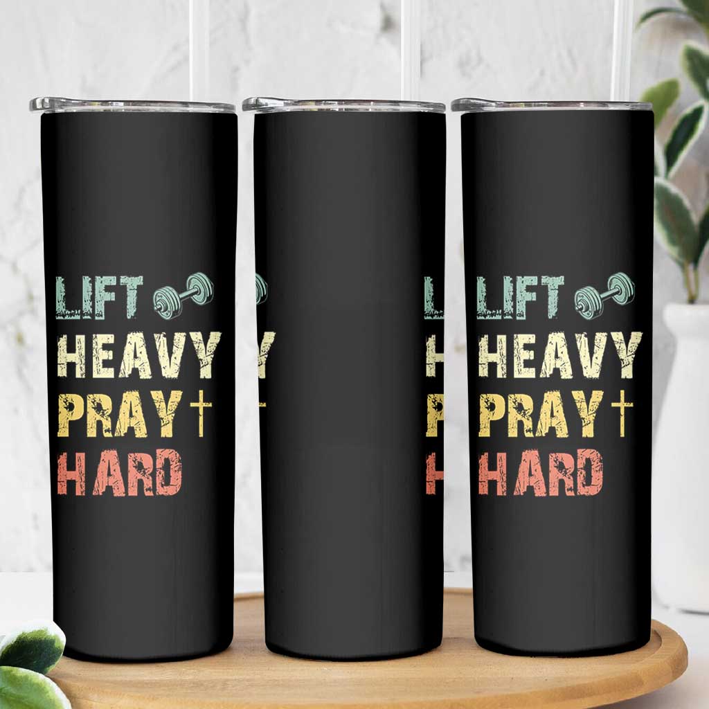 Lift Heavy Pray Hard Skinny Tumbler Christian Workout Jesus Gym Lifting Retro Cross - Wonder Print Shop