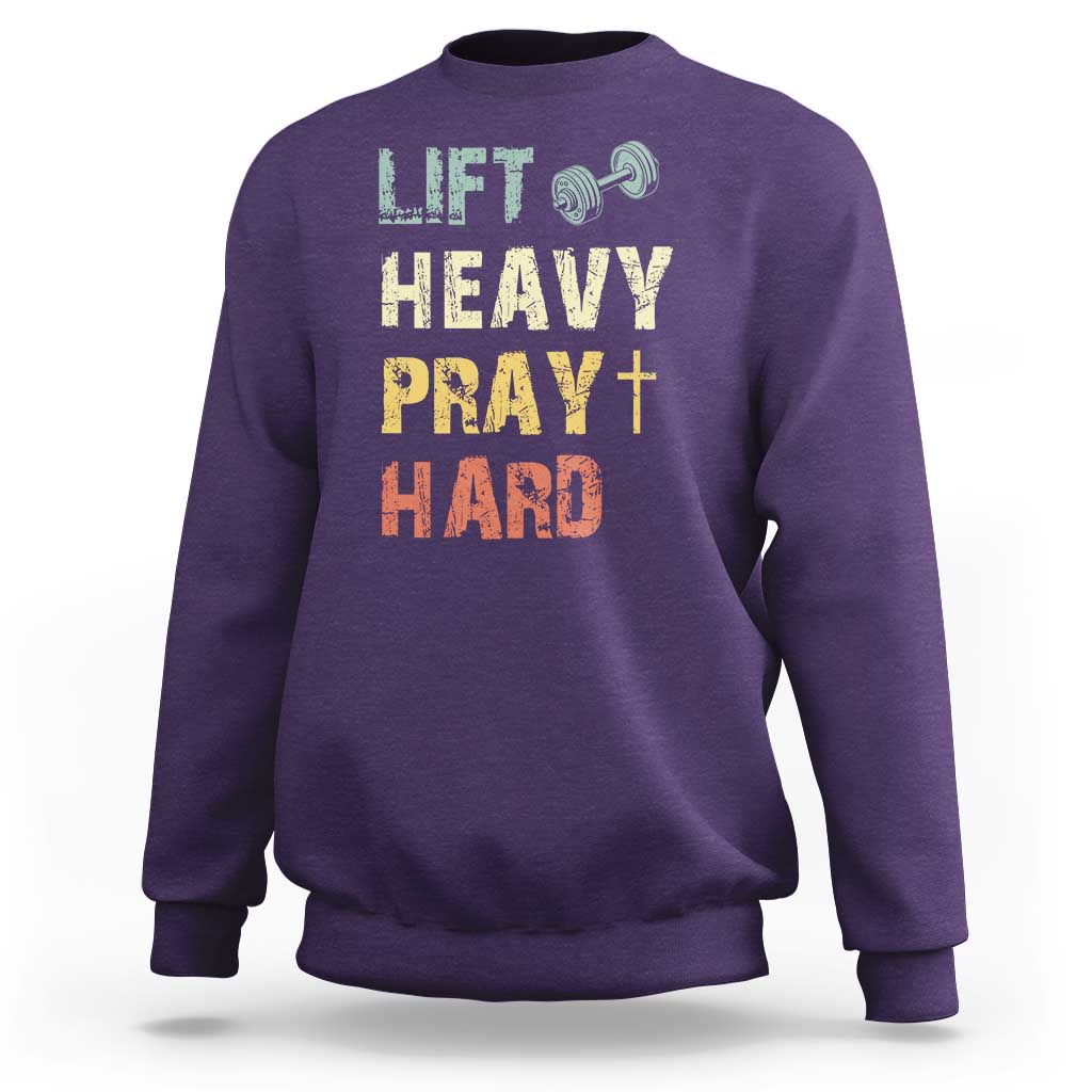 Lift Heavy Pray Hard Sweatshirt Christian Workout Jesus Gym Lifting Retro Cross - Wonder Print Shop