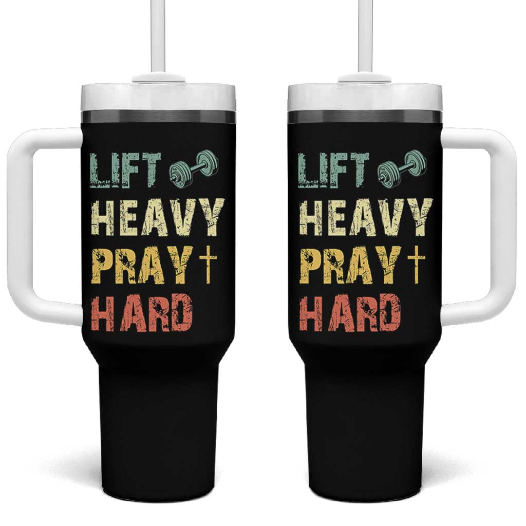 Lift Heavy Pray Hard Tumbler With Handle Christian Workout Jesus Gym Lifting Retro Cross - Wonder Print Shop