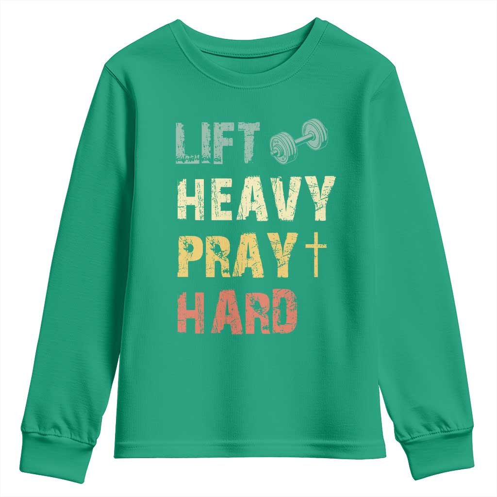 Lift Heavy Pray Hard Youth Sweatshirt Christian Workout Jesus Gym Lifting Retro Cross - Wonder Print Shop