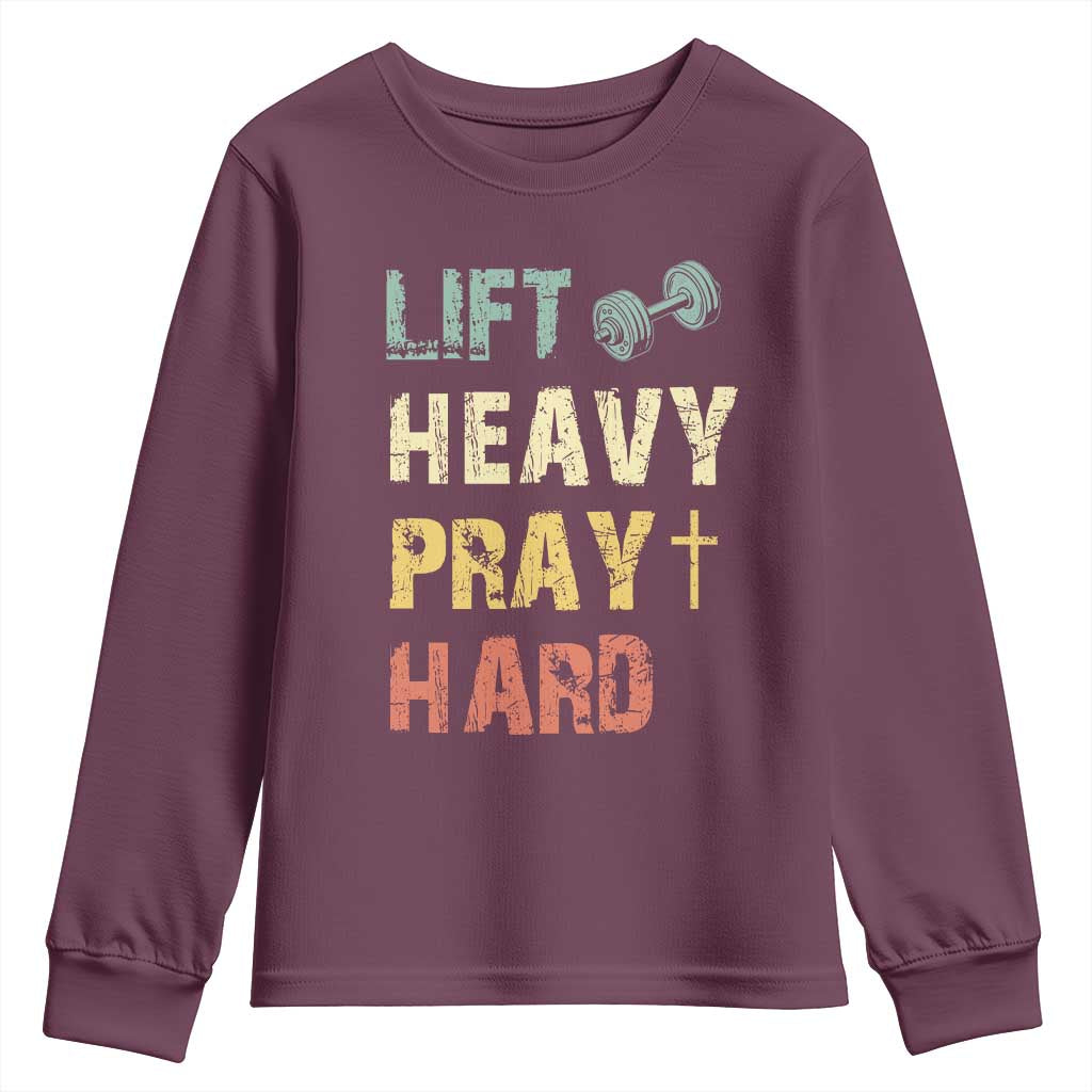 Lift Heavy Pray Hard Youth Sweatshirt Christian Workout Jesus Gym Lifting Retro Cross - Wonder Print Shop