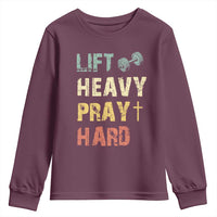 Lift Heavy Pray Hard Youth Sweatshirt Christian Workout Jesus Gym Lifting Retro Cross - Wonder Print Shop