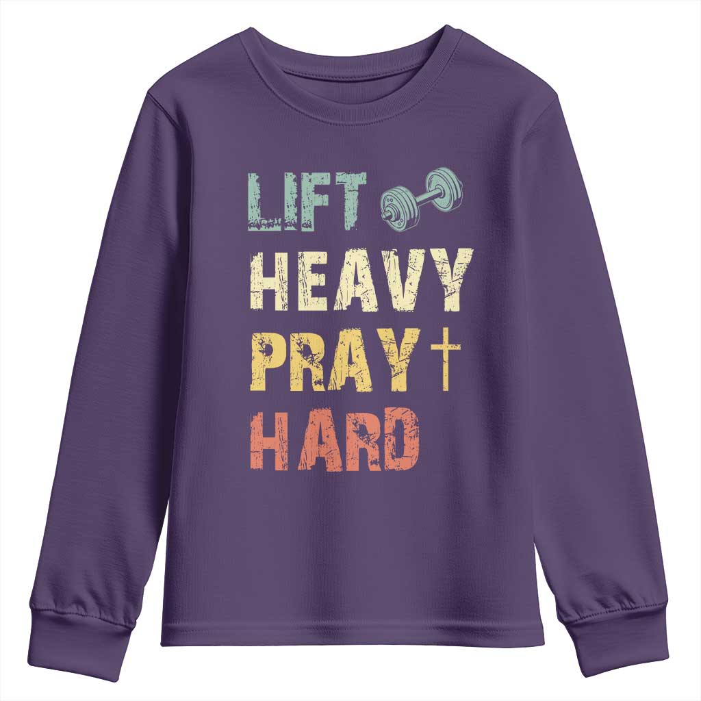 Lift Heavy Pray Hard Youth Sweatshirt Christian Workout Jesus Gym Lifting Retro Cross - Wonder Print Shop