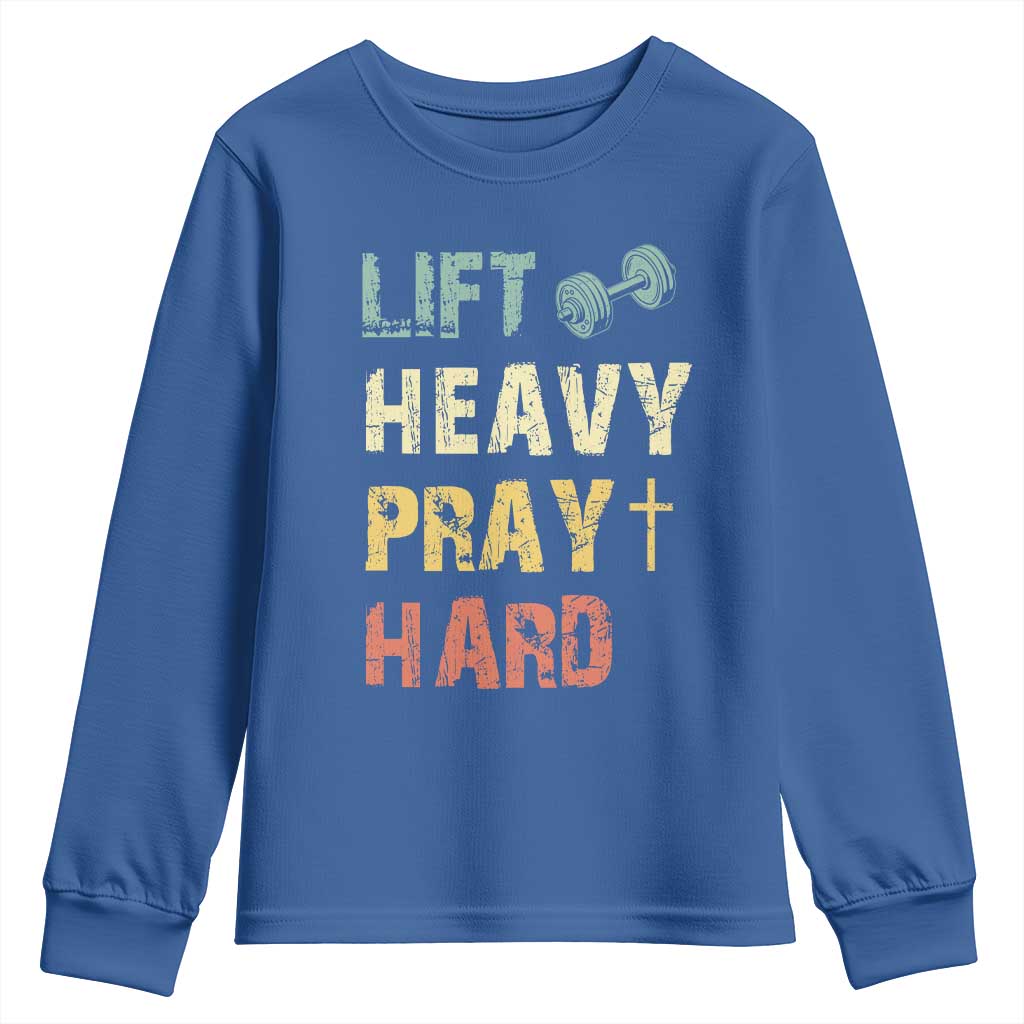 Lift Heavy Pray Hard Youth Sweatshirt Christian Workout Jesus Gym Lifting Retro Cross - Wonder Print Shop