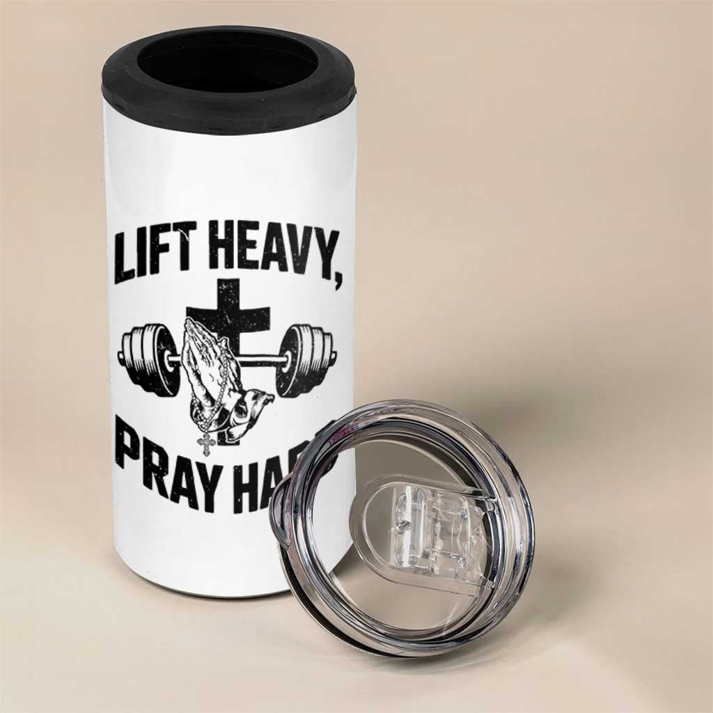Lift Heavy Pray Hard 4 in 1 Can Cooler Tumbler Christian Workout Jesus Gym Lifting - Wonder Print Shop