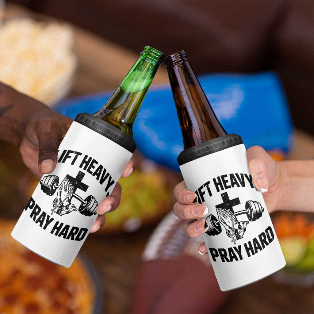 Lift Heavy Pray Hard 4 in 1 Can Cooler Tumbler Christian Workout Jesus Gym Lifting - Wonder Print Shop