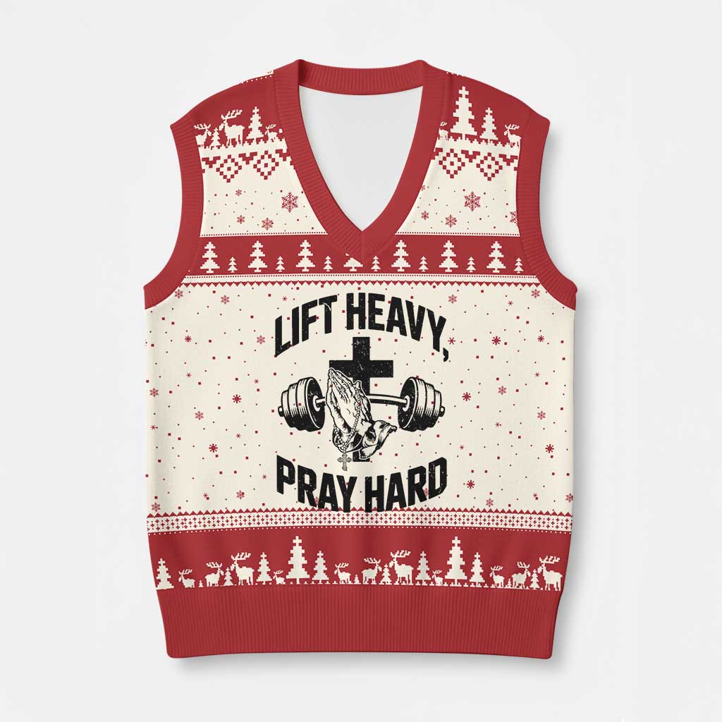 Lift Heavy Pray Hard V-Neck Knit Sweater Vest Christian Workout Jesus Gym Lifting - Wonder Print Shop
