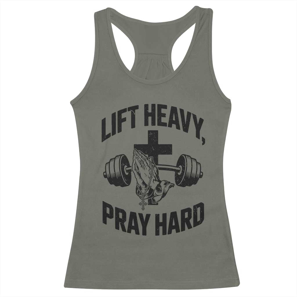 Lift Heavy Pray Hard Racerback Tank Top Christian Workout Jesus Gym Lifting - Wonder Print Shop
