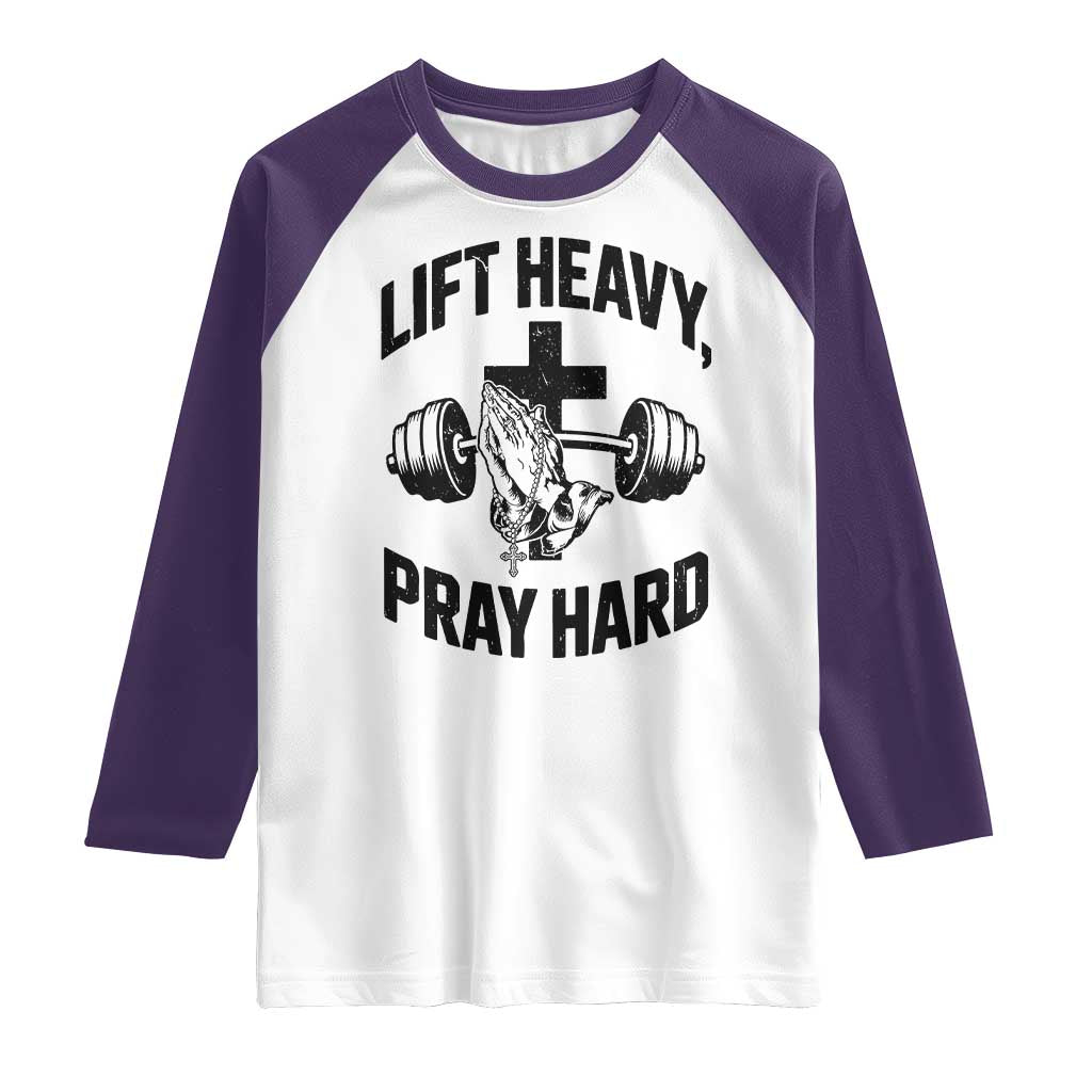 Lift Heavy Pray Hard Raglan Shirt Christian Workout Jesus Gym Lifting - Wonder Print Shop