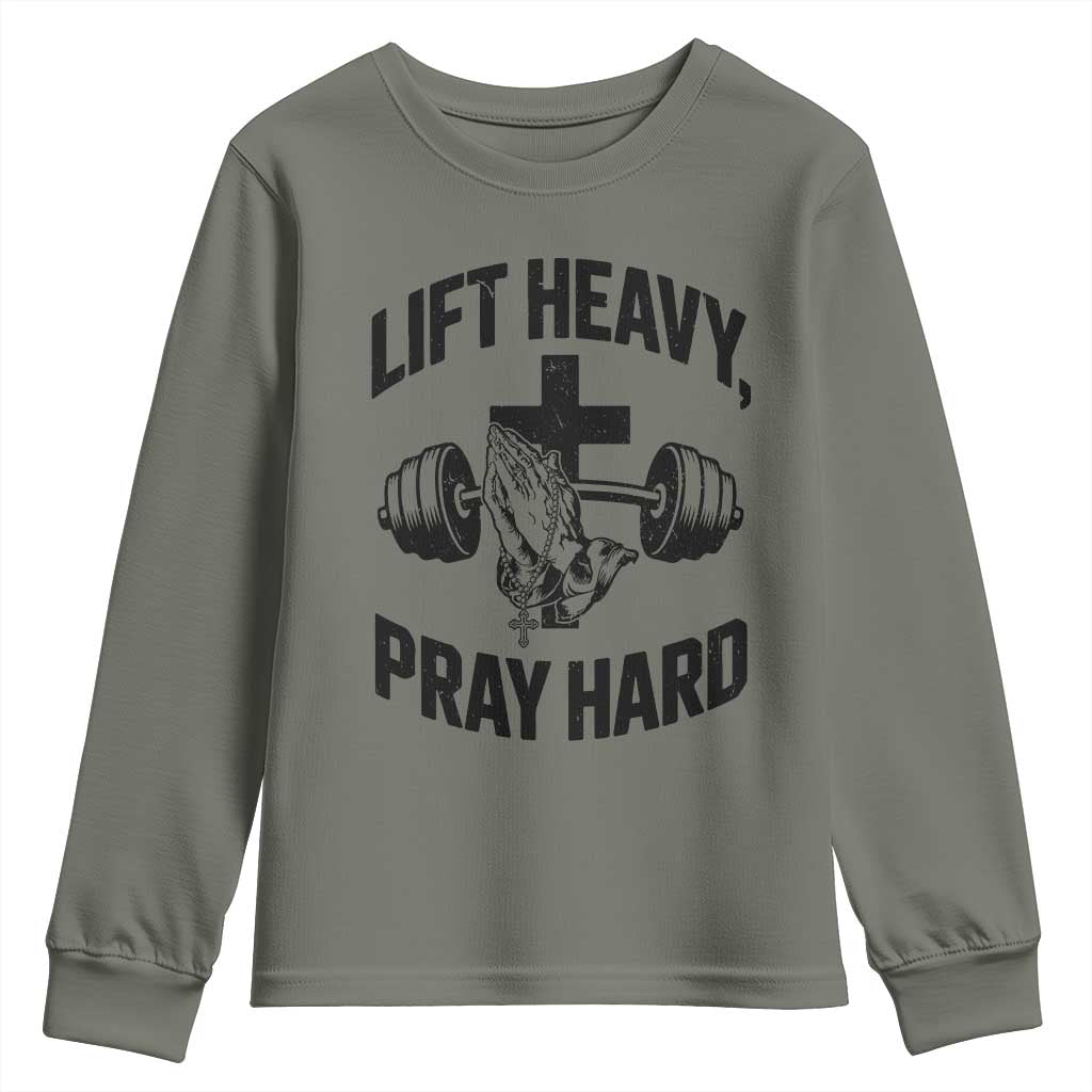 Lift Heavy Pray Hard Youth Sweatshirt Christian Workout Jesus Gym Lifting - Wonder Print Shop