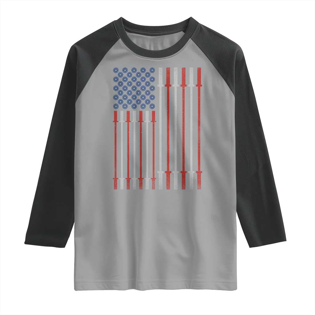 Fitness Gym Barbell Powerlifting Patriotic American Flag Raglan Shirt - Wonder Print Shop
