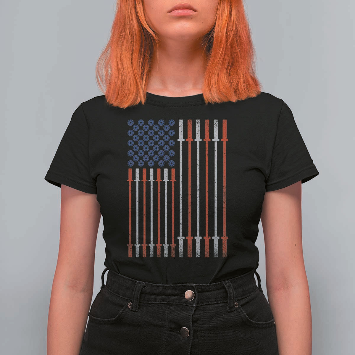 Fitness Gym Barbell Powerlifting Patriotic American Flag T Shirt For Women - Wonder Print Shop