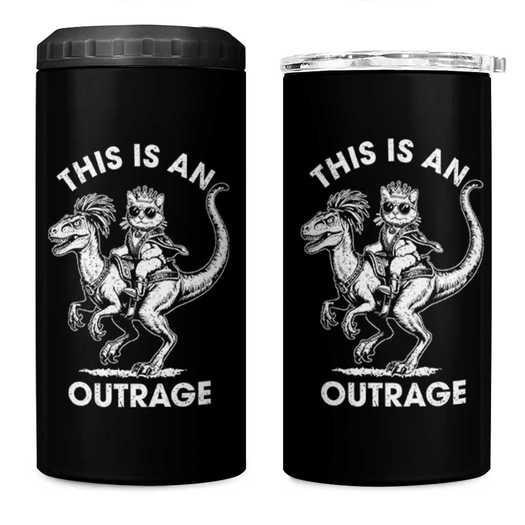 Dungeon Cat This Is An Outrage 4 in 1 Can Cooler Tumbler Funny Princess Cat Riding Dinosaur - Wonder Print Shop