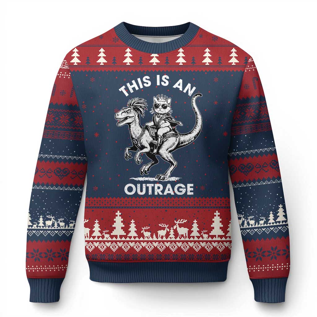 Dungeon Cat This Is An Outrage Ugly Christmas Sweater Funny Princess Cat Riding Dinosaur - Wonder Print Shop