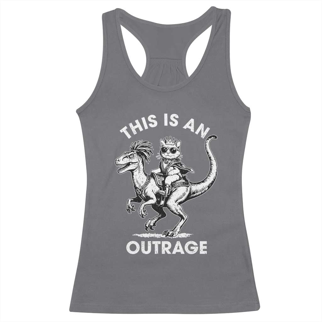 Dungeon Cat This Is An Outrage Racerback Tank Top Funny Princess Cat Riding Dinosaur - Wonder Print Shop