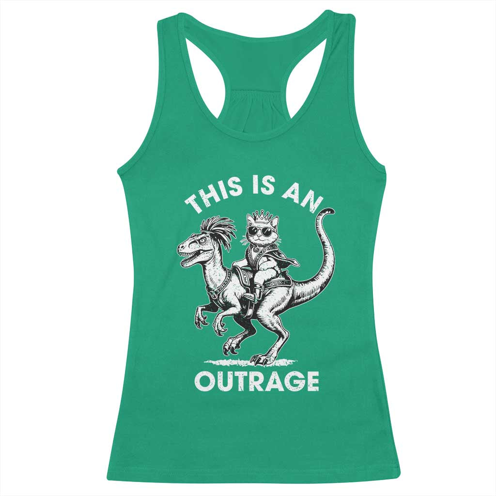 Dungeon Cat This Is An Outrage Racerback Tank Top Funny Princess Cat Riding Dinosaur - Wonder Print Shop