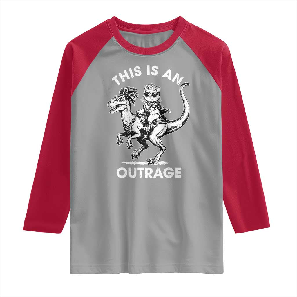 Dungeon Cat This Is An Outrage Raglan Shirt Funny Princess Cat Riding Dinosaur - Wonder Print Shop
