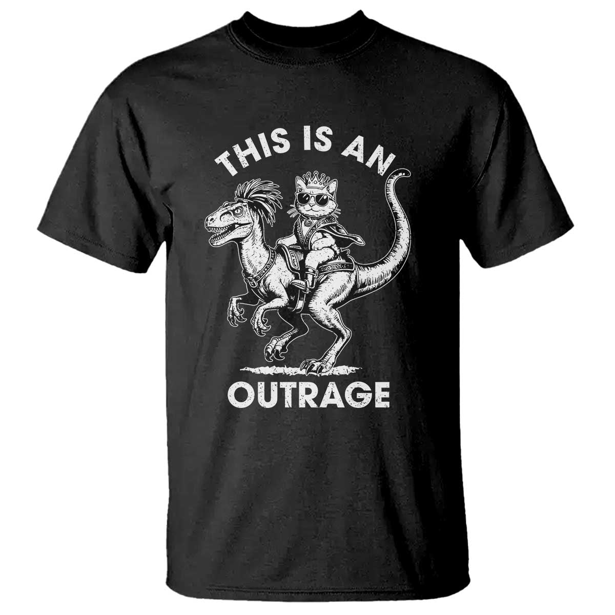 Dungeon Cat This Is An Outrage T Shirt Funny Princess Cat Riding Dinosaur - Wonder Print Shop