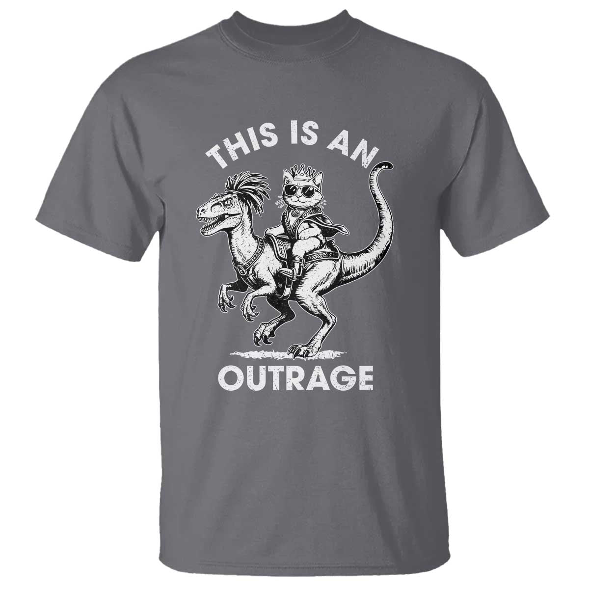 Dungeon Cat This Is An Outrage T Shirt Funny Princess Cat Riding Dinosaur - Wonder Print Shop