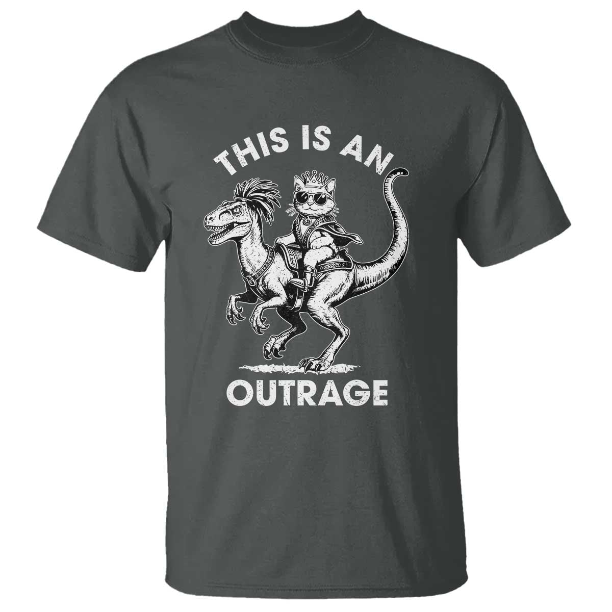 Dungeon Cat This Is An Outrage T Shirt Funny Princess Cat Riding Dinosaur - Wonder Print Shop