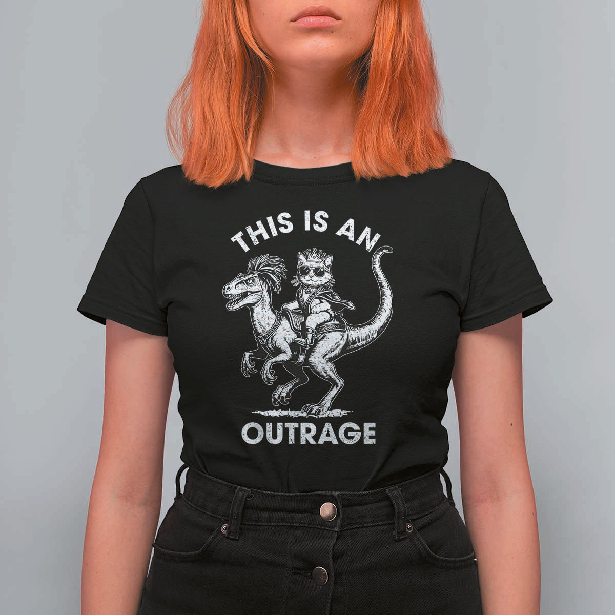 Dungeon Cat This Is An Outrage T Shirt For Women Funny Princess Cat Riding Dinosaur - Wonder Print Shop