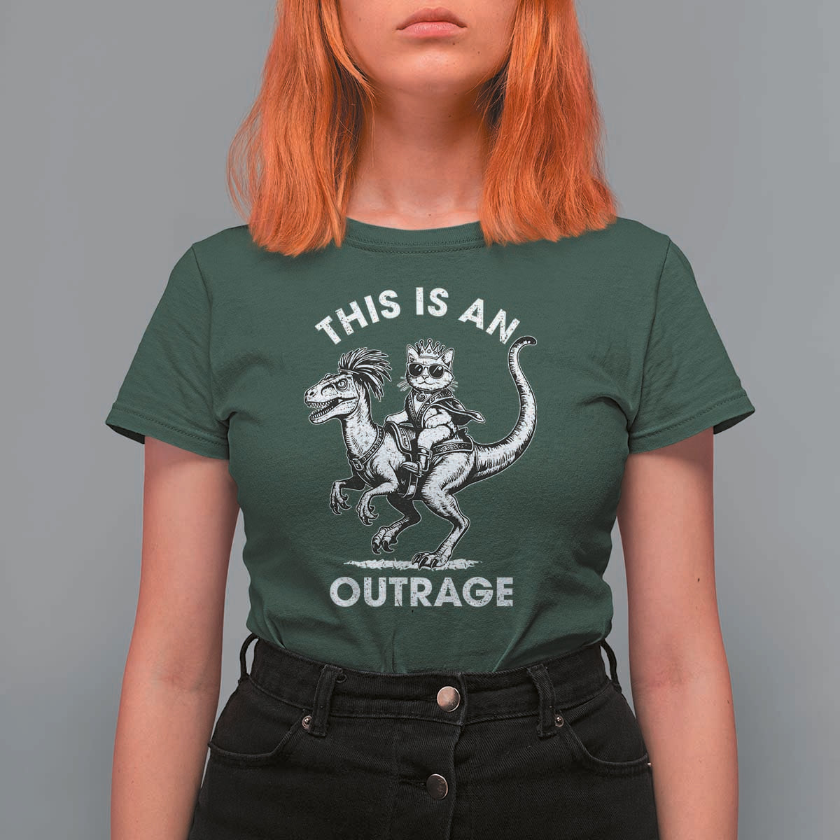 Dungeon Cat This Is An Outrage T Shirt For Women Funny Princess Cat Riding Dinosaur - Wonder Print Shop