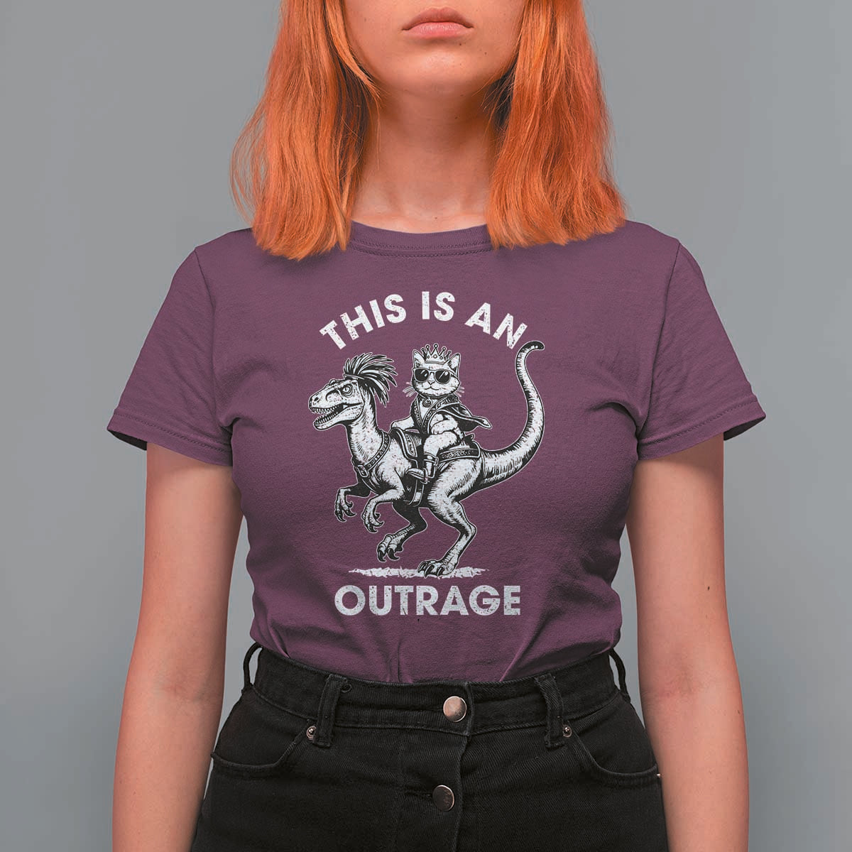 Dungeon Cat This Is An Outrage T Shirt For Women Funny Princess Cat Riding Dinosaur - Wonder Print Shop