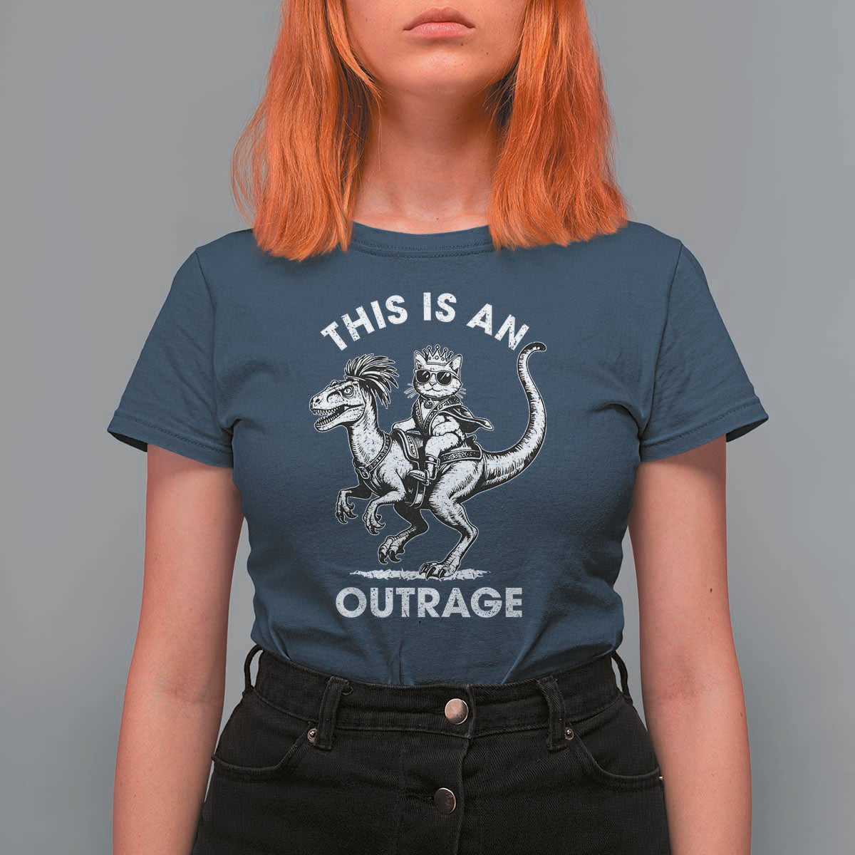 Dungeon Cat This Is An Outrage T Shirt For Women Funny Princess Cat Riding Dinosaur - Wonder Print Shop