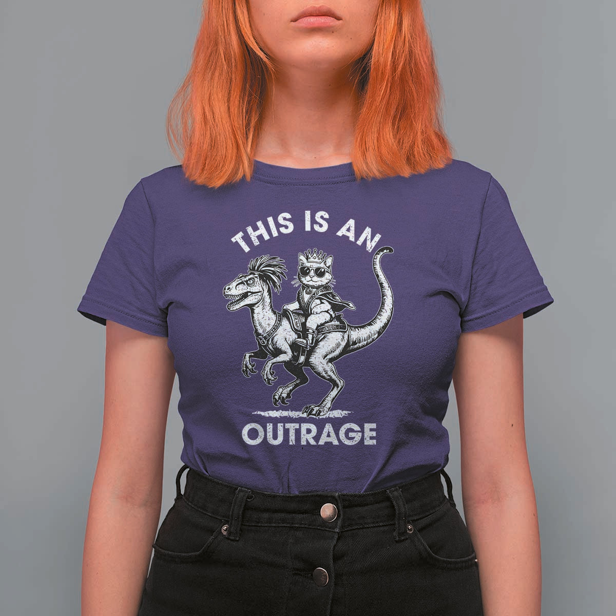 Dungeon Cat This Is An Outrage T Shirt For Women Funny Princess Cat Riding Dinosaur - Wonder Print Shop