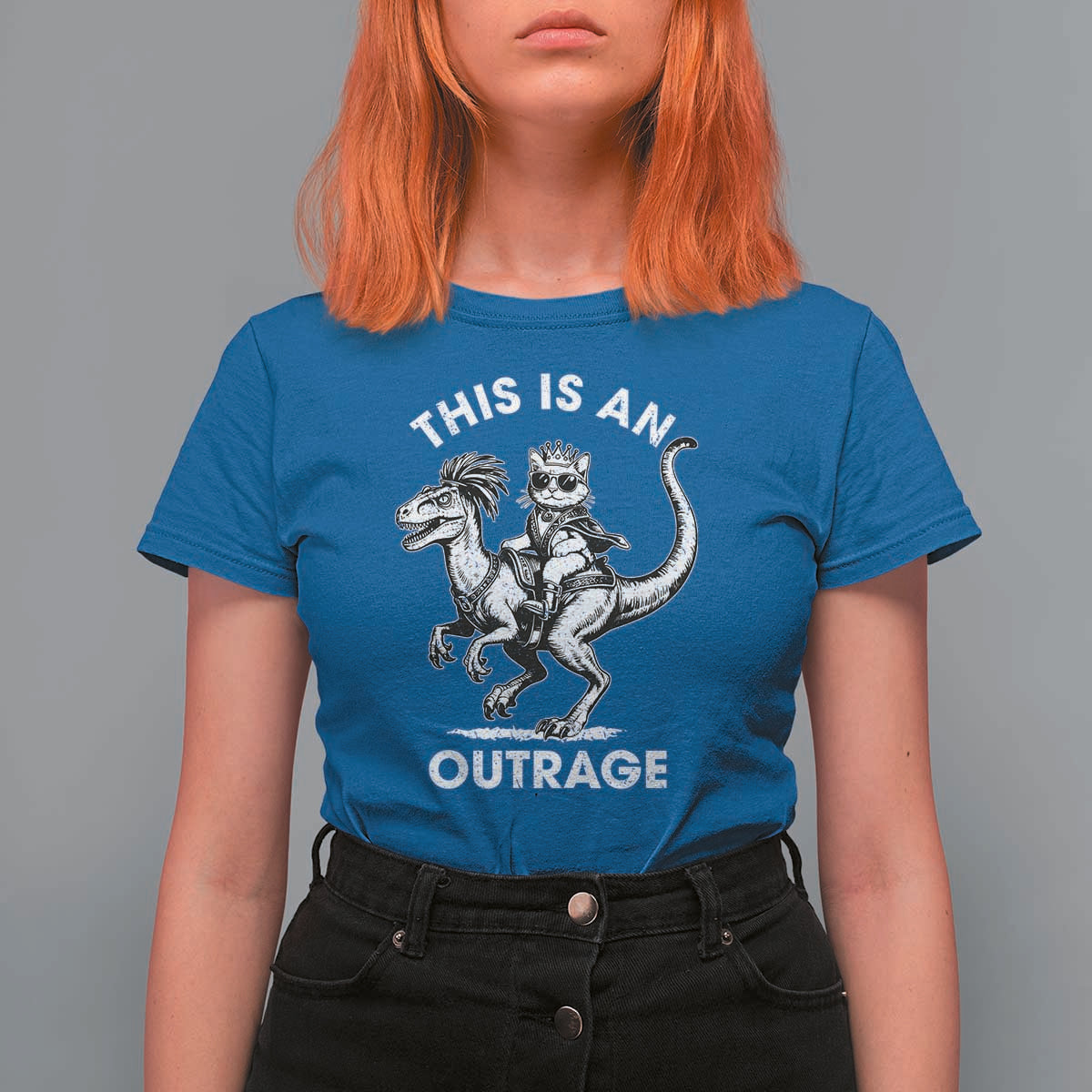 Dungeon Cat This Is An Outrage T Shirt For Women Funny Princess Cat Riding Dinosaur - Wonder Print Shop