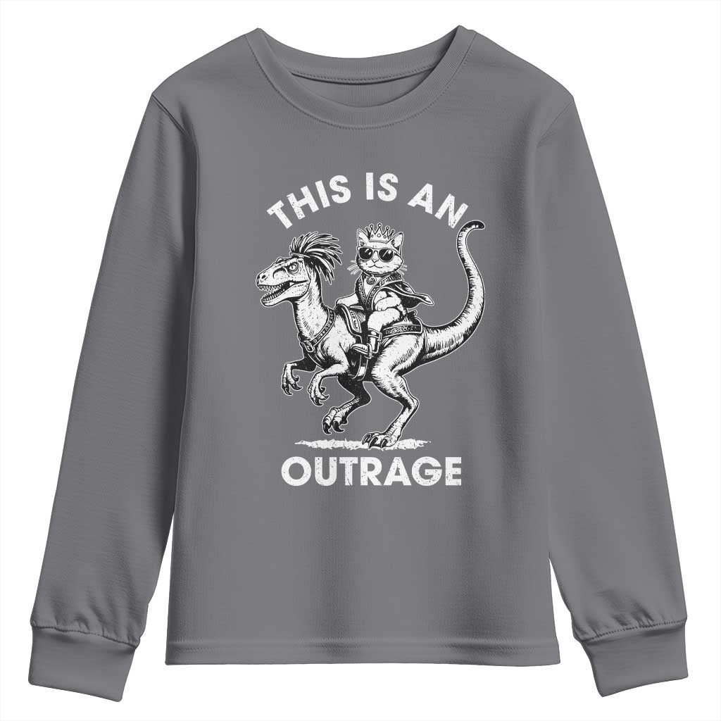 Dungeon Cat This Is An Outrage Youth Sweatshirt Funny Princess Cat Riding Dinosaur - Wonder Print Shop
