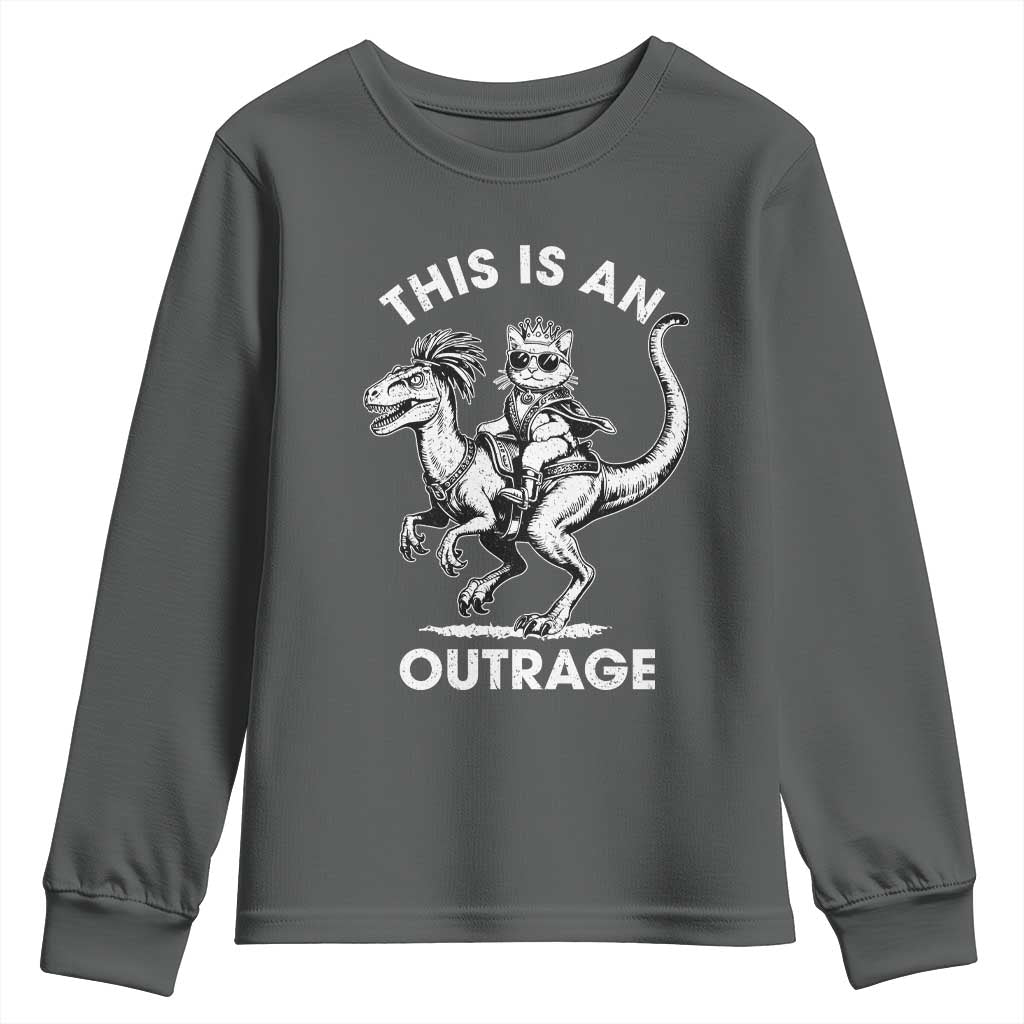 Dungeon Cat This Is An Outrage Youth Sweatshirt Funny Princess Cat Riding Dinosaur - Wonder Print Shop