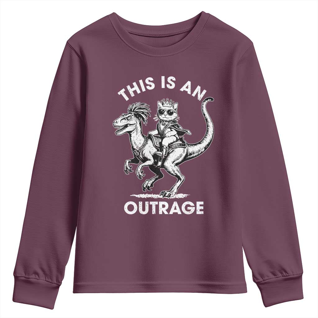 Dungeon Cat This Is An Outrage Youth Sweatshirt Funny Princess Cat Riding Dinosaur - Wonder Print Shop