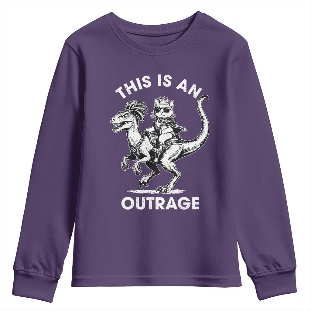 Dungeon Cat This Is An Outrage Youth Sweatshirt Funny Princess Cat Riding Dinosaur - Wonder Print Shop