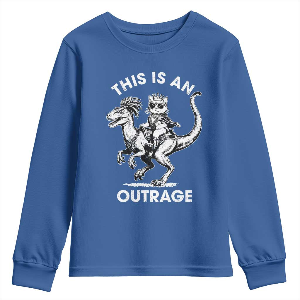 Dungeon Cat This Is An Outrage Youth Sweatshirt Funny Princess Cat Riding Dinosaur - Wonder Print Shop