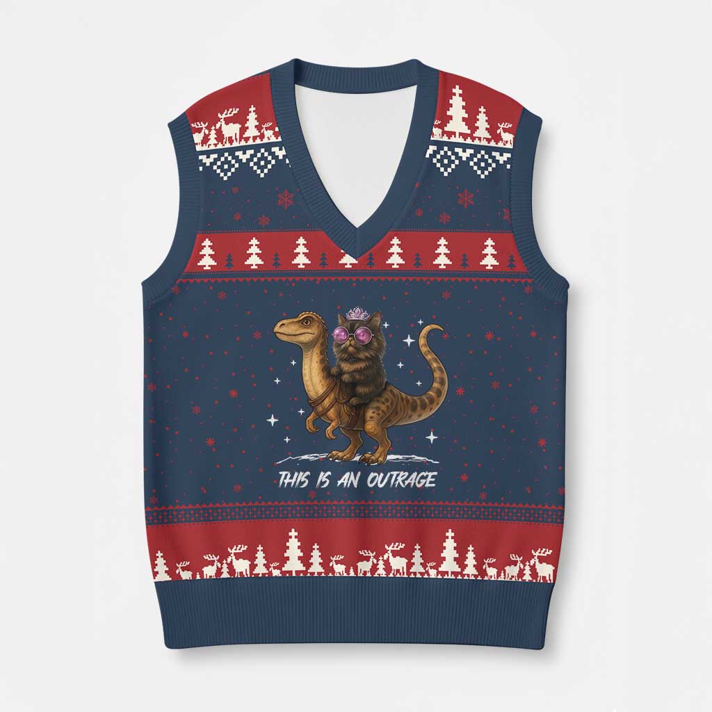 Dungeon Cat This Is An Outrage V-Neck Knit Sweater Vest Funny Princess Kitten Dinosaur - Wonder Print Shop